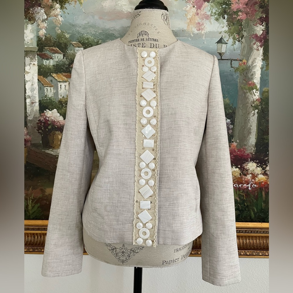 Ellen Tracy Beige Linen Silk Blend Collarless Blazer Geometric Stone Detail 10